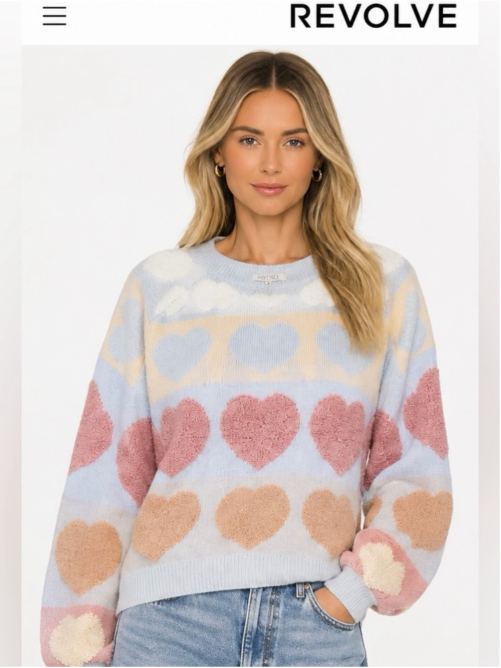 Revolve Pastel Heart Crewneck Sweater - REVOLVE - Blue/Pink/Cream/Tan